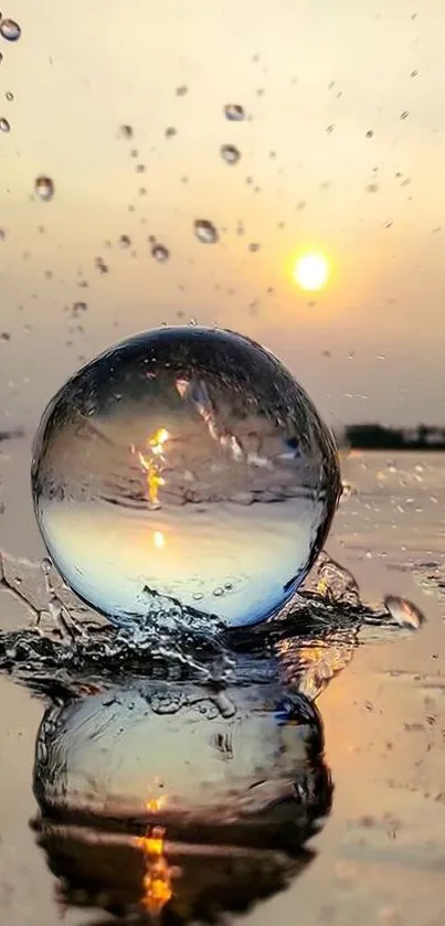 Water droplet reflecting a serene sunset over a calm landscape.