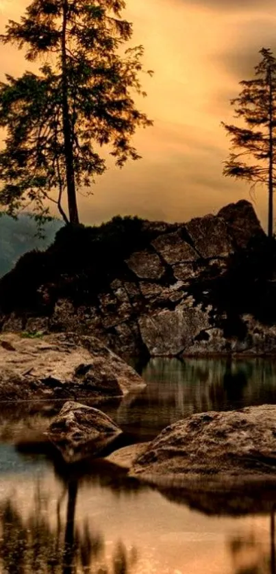 Serene sunset with trees and reflections on a tranquil lake.