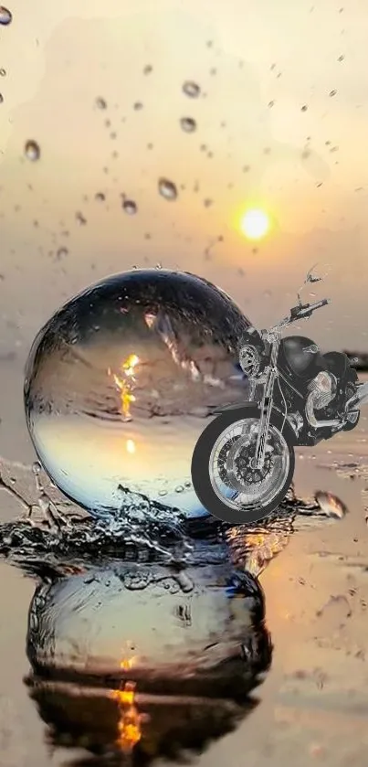 Motorcycle inside water droplet at sunset.