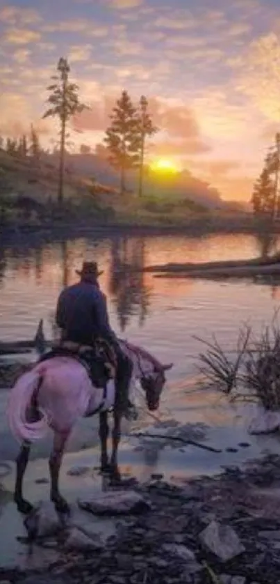 Cowboy on horse at sunset by a serene lake.