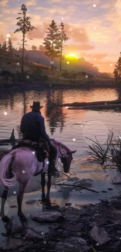 Rider on horse at sunset by a serene lake, with vibrant sky reflections.