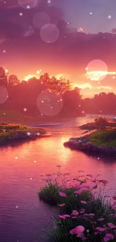 Beautiful sunset river with lush scenery and vibrant colors for mobile wallpaper.
