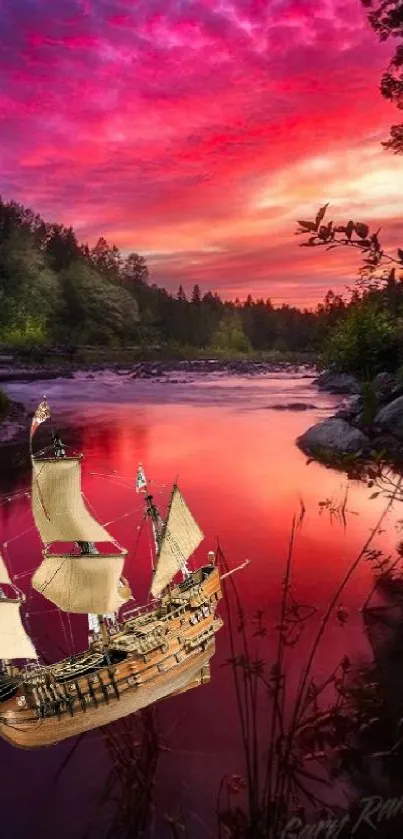 Scenic sunset river with historic ship wallpaper.