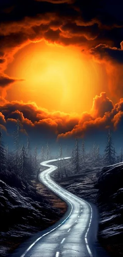 Winding road under a fiery orange sunset sky wallpaper.