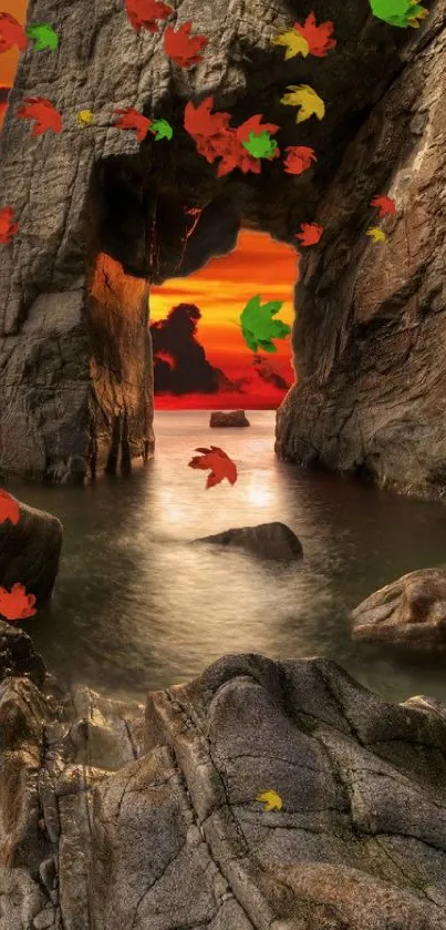 Rock arch with vibrant sunset and ocean waves, creating a stunning natural scene.