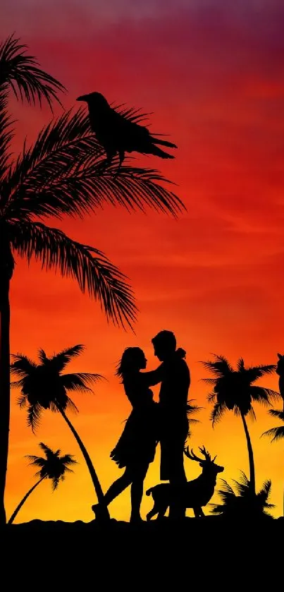 Silhouette of couple with sunset and palm trees in the background.