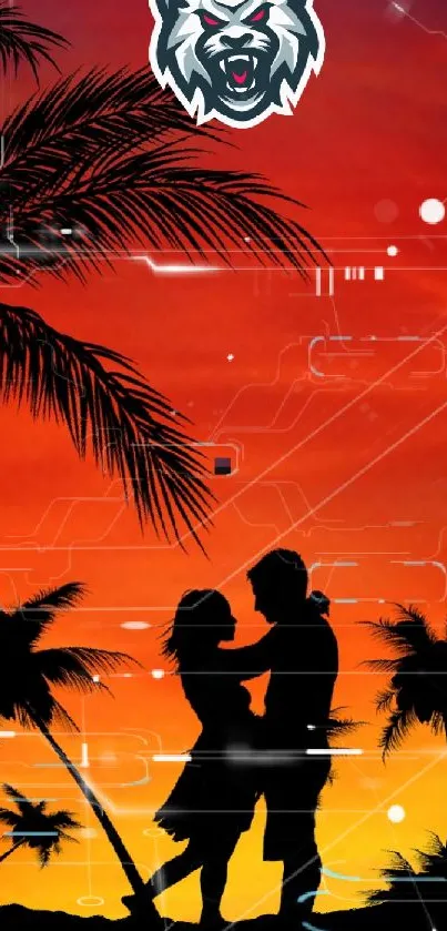 Silhouette of a couple embracing under a vibrant orange sunset with palm trees.