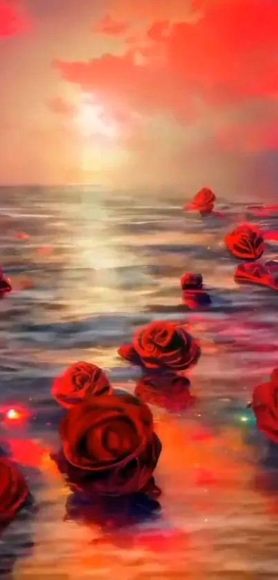 Red roses float on ocean under a vibrant sunset.