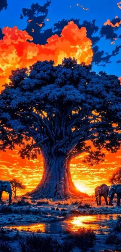 Elephants and baobab tree at sunset with vibrant colors.