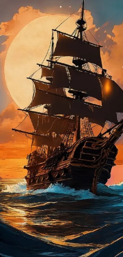 Artistic sunset sailing ship on the ocean with vibrant colors.