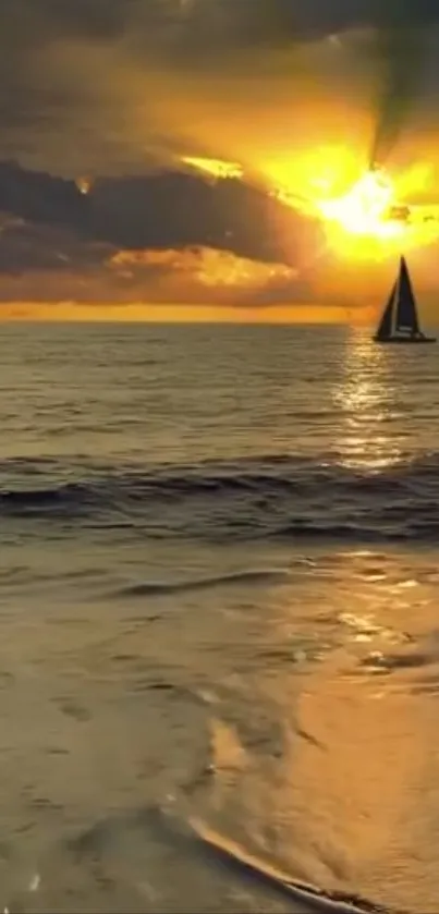 Sailboat at sunset with golden ocean view.