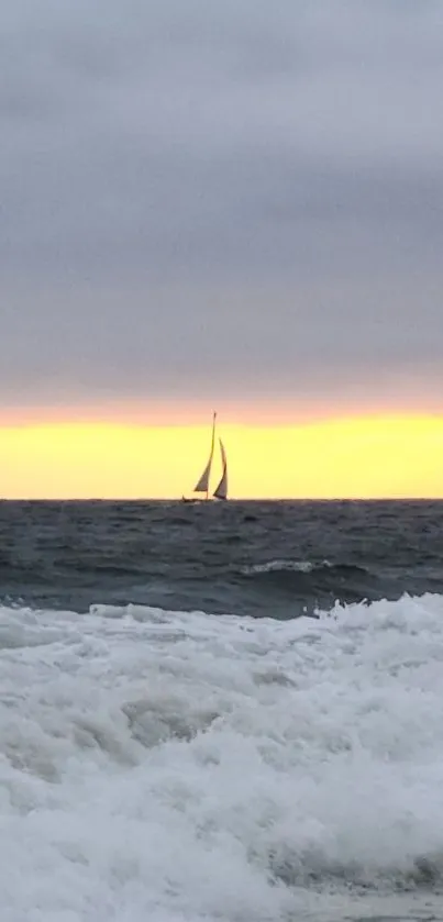 A sailboat on ocean waves during sunset, with a serene background.