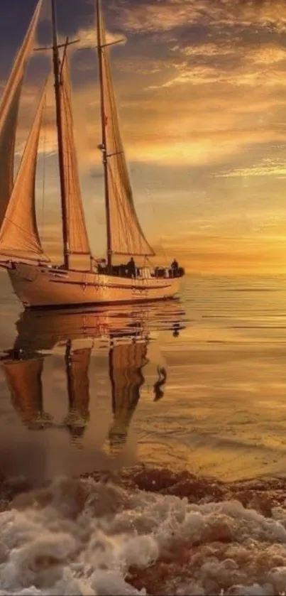 Sailboat gliding on golden waters at sunset with serene reflections.