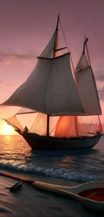 Sunset sailboat on calm ocean with scenic sunset backdrop.