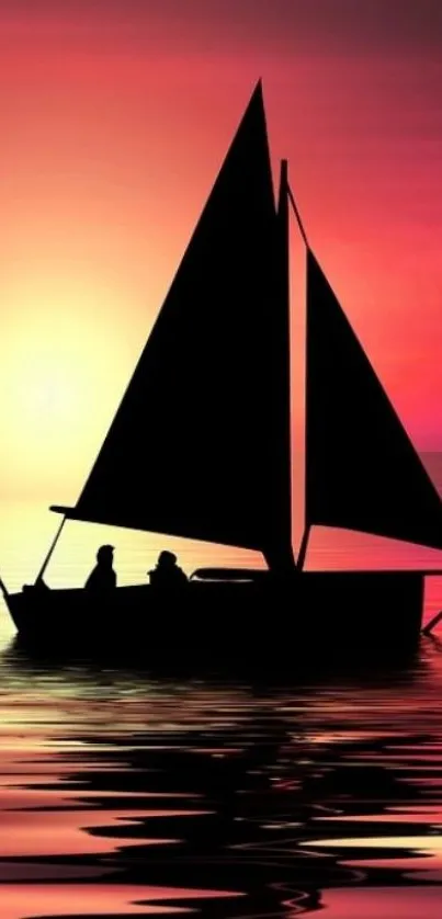 Silhouette of sailboat at sunset reflecting on tranquil waters.