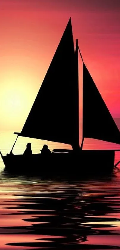 Sailboat silhouette against a vibrant sunset on calm waters.