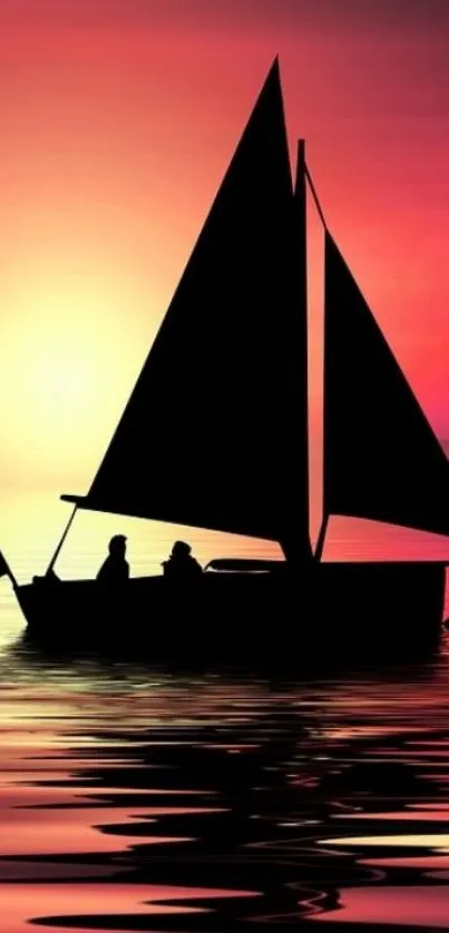 Silhouette of sailboat at sunset with vibrant orange sky.