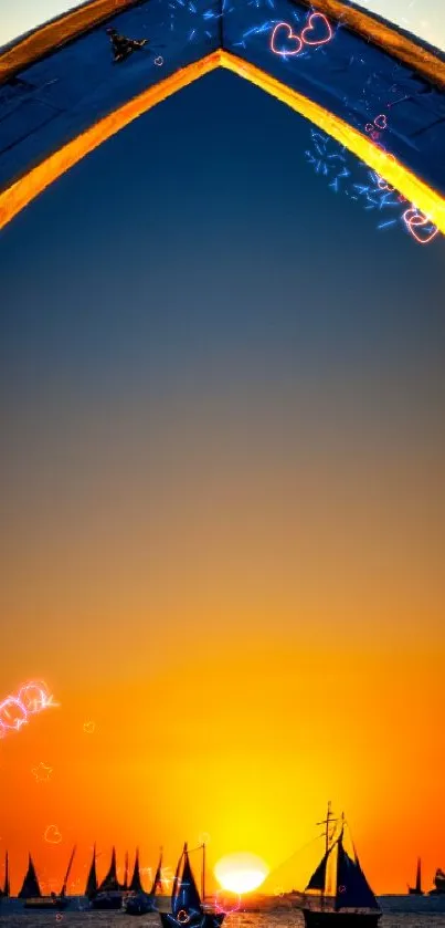 Silhouetted sailboats against a vibrant sunset backdrop.