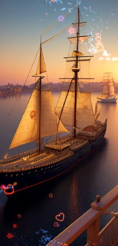 Sailing ship at sunset on calm waters with a serene maritime ambiance.