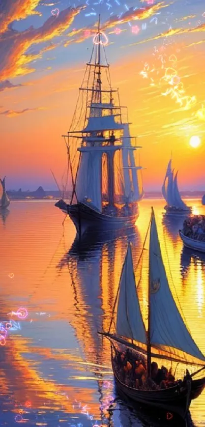 Sailing ships at sunset on a calm ocean.