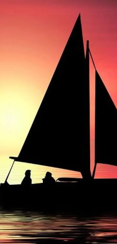 Sailboat silhouette against a vivid sunset sky wallpaper.