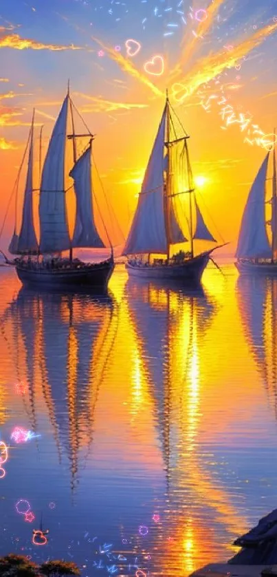 Sunset view with sailboats reflecting on serene waters.