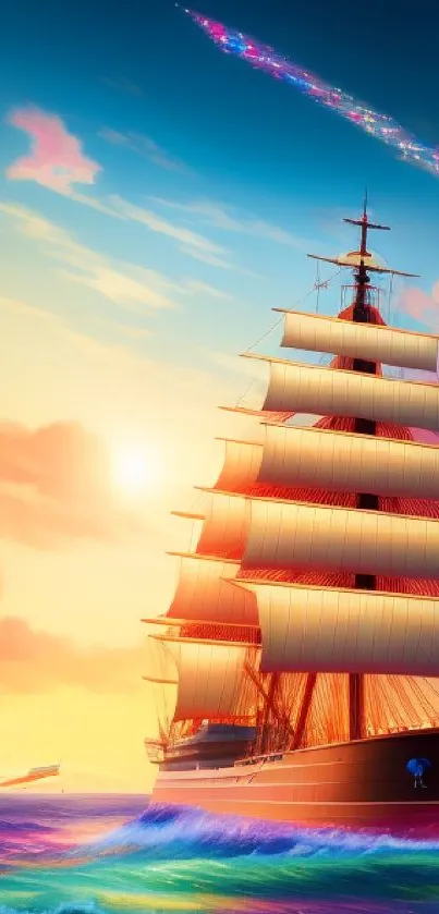 Vibrant sailing ship against a sunset ocean backdrop.