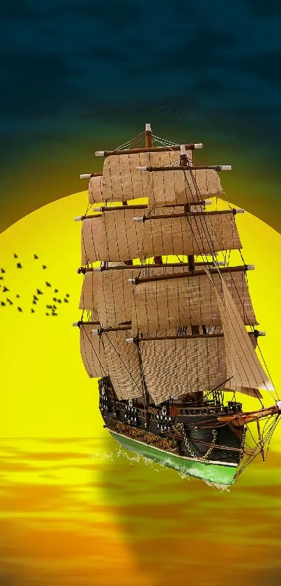 Sailing ship silhouetted against a yellow sunset over the ocean.