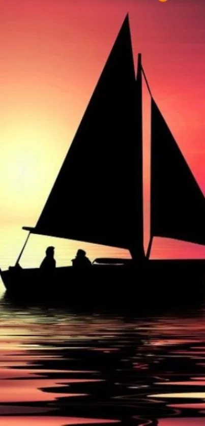 Silhouette of a sailboat at sunset on a calm ocean.