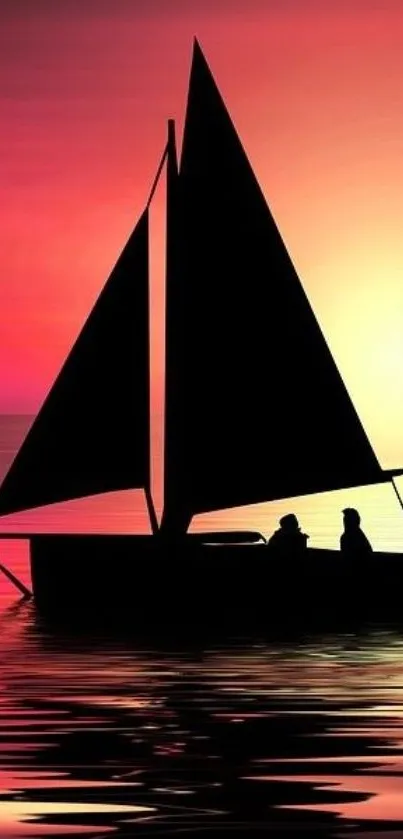 Silhouette of sailboat at sunset on calm waters with vibrant pink sky.