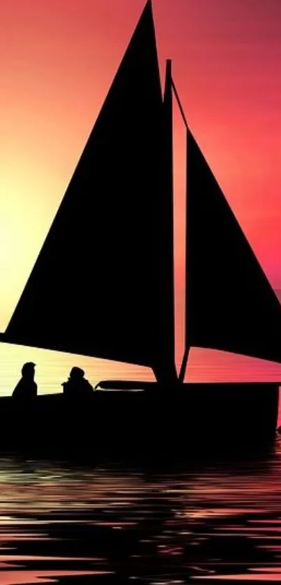 Silhouetted sailboat at sunset on calm waters.