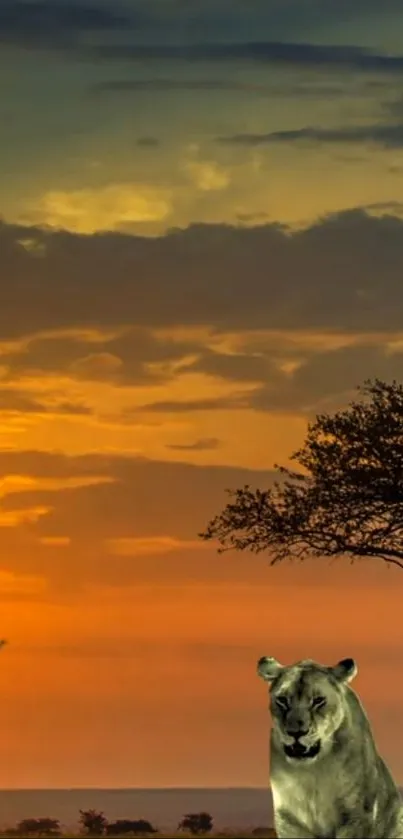 Lion in African savannah with sunset background.