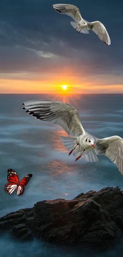 Seagulls and butterfly soar over ocean at sunset.