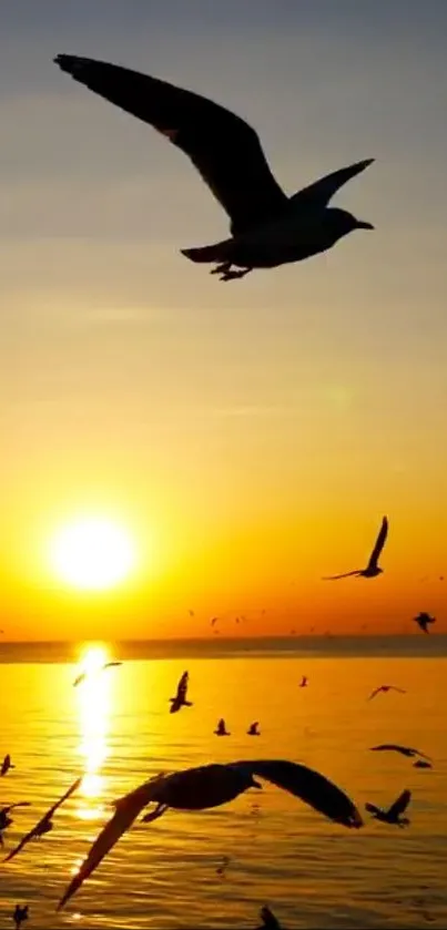 Seagulls flying over ocean at sunset with a vibrant orange sky.