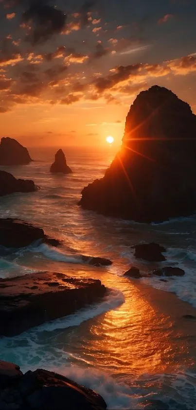 Dramatic sunset over a rocky coastline with crashing waves.