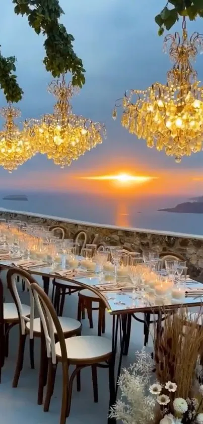 Elegant seaside dining with golden chandeliers at sunset.