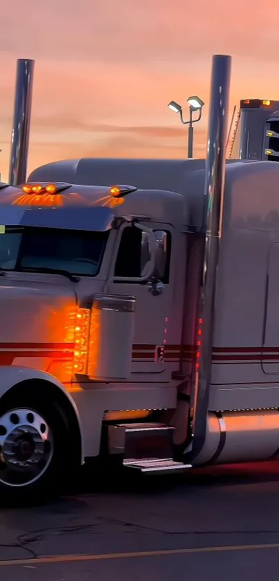 Semi truck against a sunset sky with vivid colors and lights.