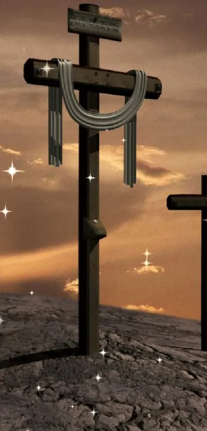 Three crosses on a serene sunset background.