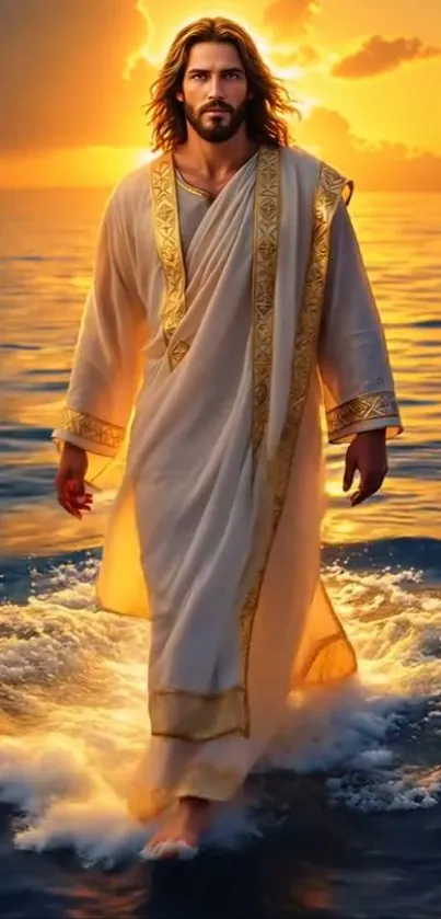 Serene figure walking on water at golden sunset.