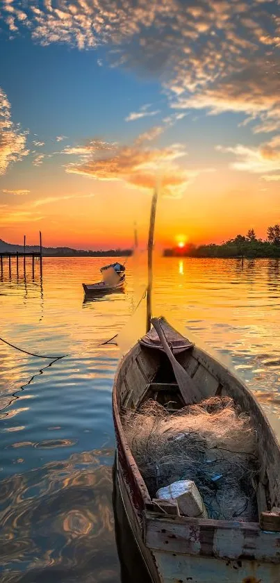 Stunning lake sunset with peaceful boat scene reflecting on tranquil waters.