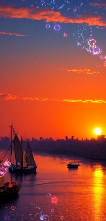 Silhouetted sailboats at sunset over tranquil waters with an orange sky.