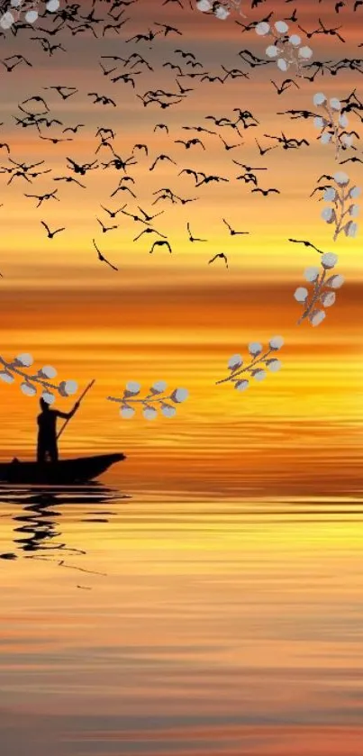 Sunset scene with a silhouetted boat and birds over calm water.