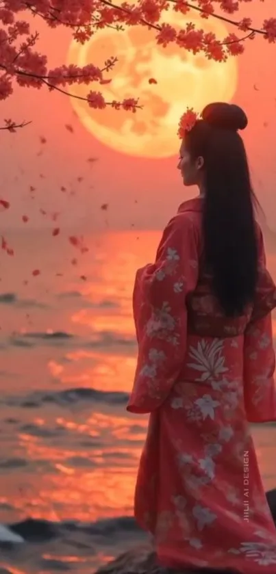 A woman in a kimono gazing at a sunset over an ocean with cherry blossoms.