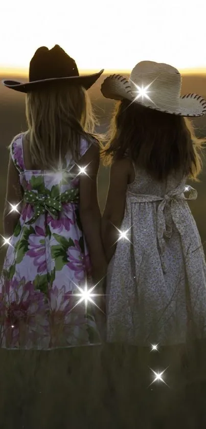 Two girls in floral dresses and hats at sunset in a field.