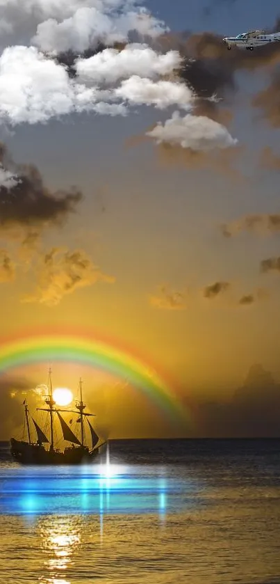 Sunset and rainbow over a ship on the ocean.