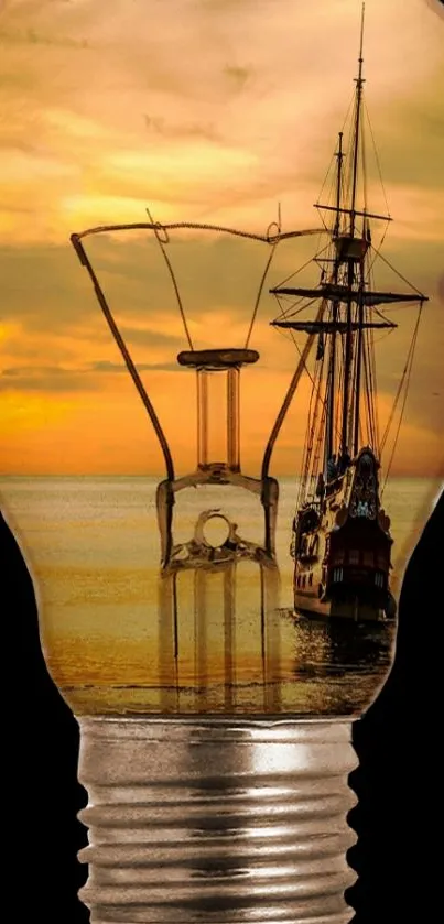 Ship sailing at sunset inside a light bulb.