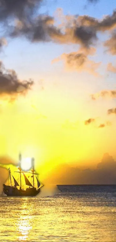 Silhouetted ship sails on a golden ocean at sunset.