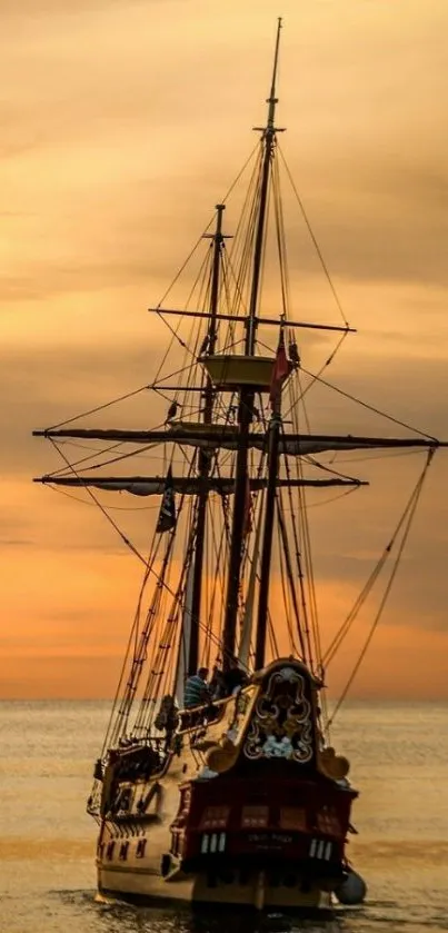 A majestic ship sails at sunset on a calm sea, surrounded by golden hues.