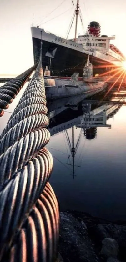 Majestic ship at sunset with golden reflections on the water.