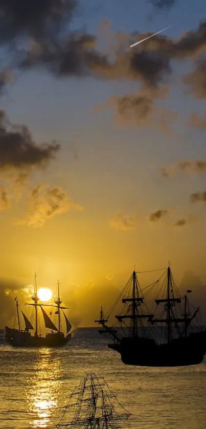 Silhouetted ships at sunset over serene ocean.